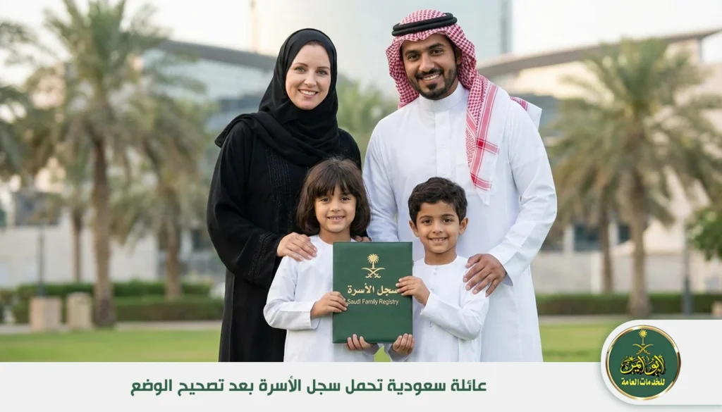 عائلة سعودية تحمل سجل الأسرة بعد تصحيح الوضع عائلة سعودية تحمل سجل الأسرة بعد تصحيح الوضع